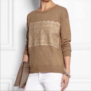 J CREW Wool Blend Needle-Punched Lace Fine-Knit Sweater - White/Camel XS